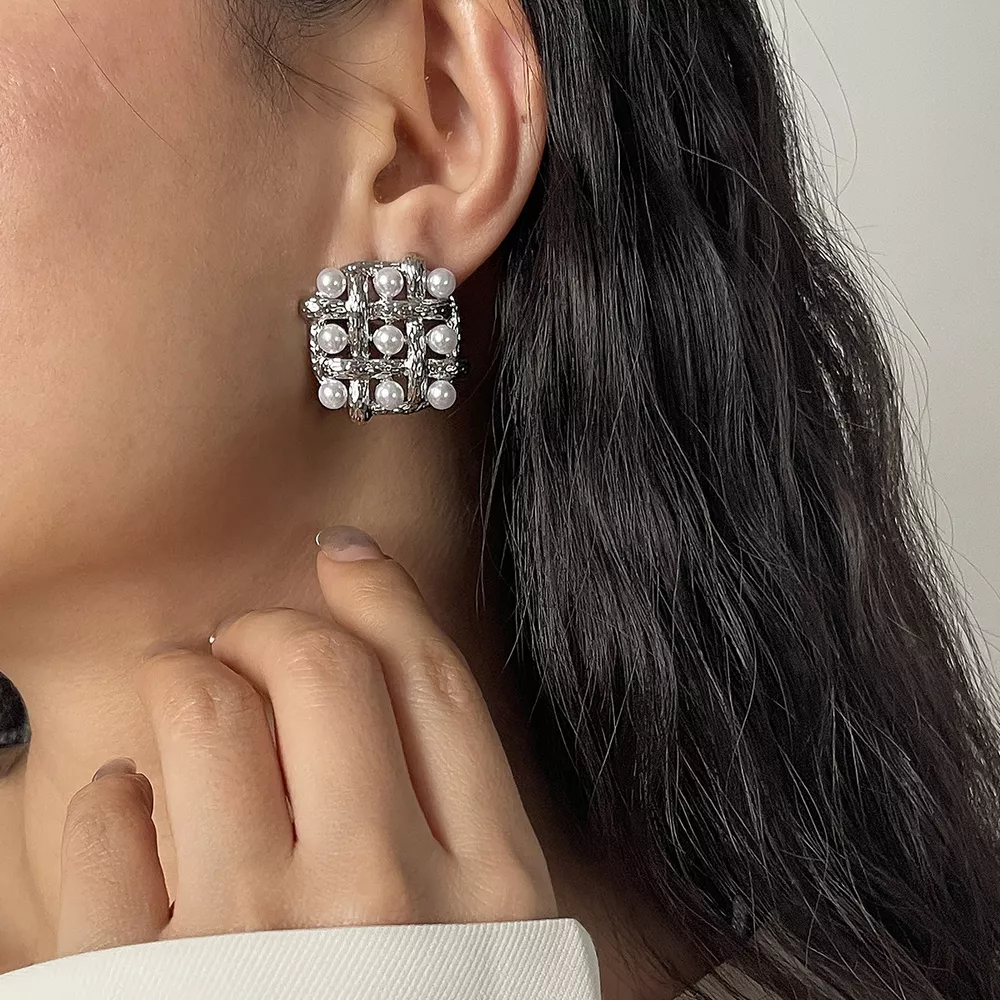 Pearl Grid Square Stud Earrings, image 8