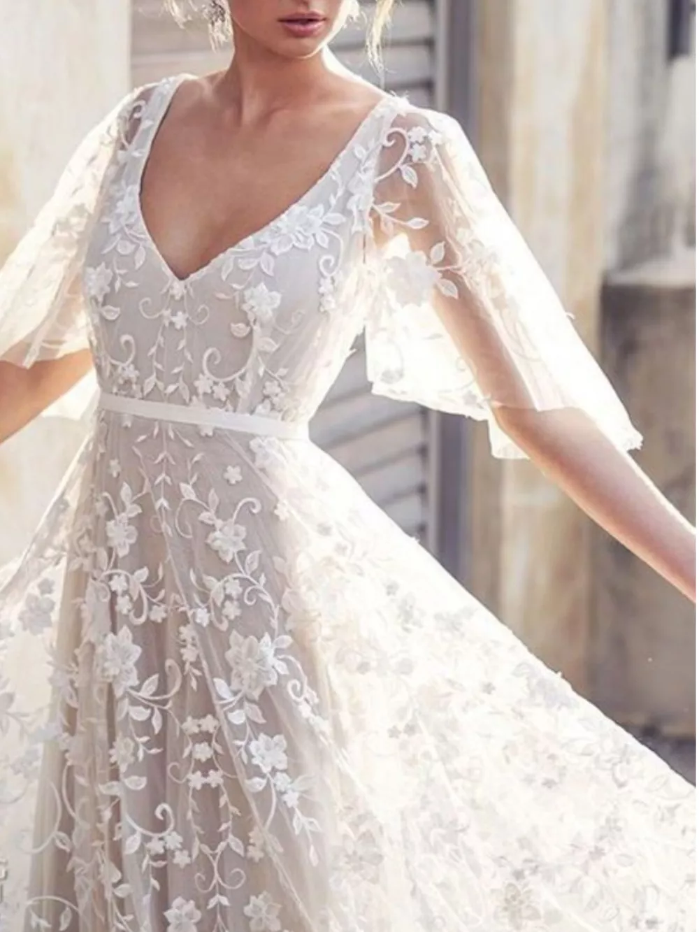 Full Size Lace Flutter Sleeve V-Neck Dress Plus Size, image 2