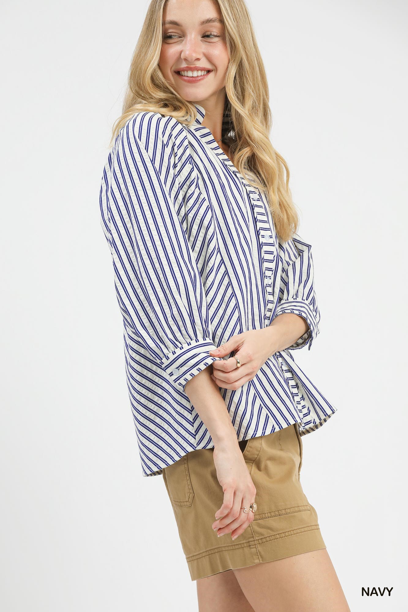 Striped V-Neck Button Down Top, image 5