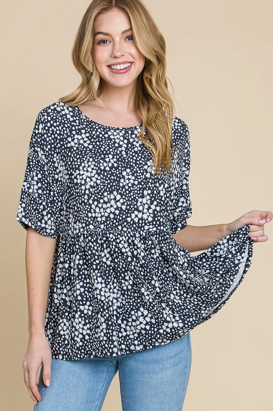 Floral Round Neck Peplum Blouse