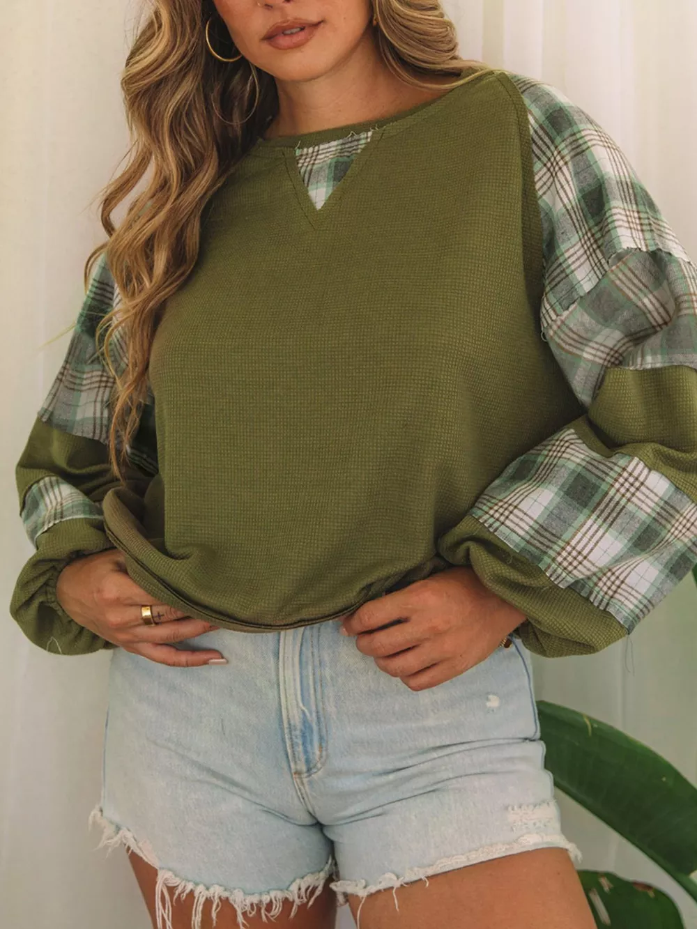 Plaid Patch Waffle Knit Exposed Seam Bubble Sleeve Top, image 3
