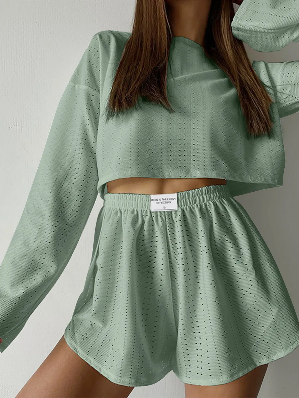 Eyelet Round Neck Top and Shorts Set, image 20