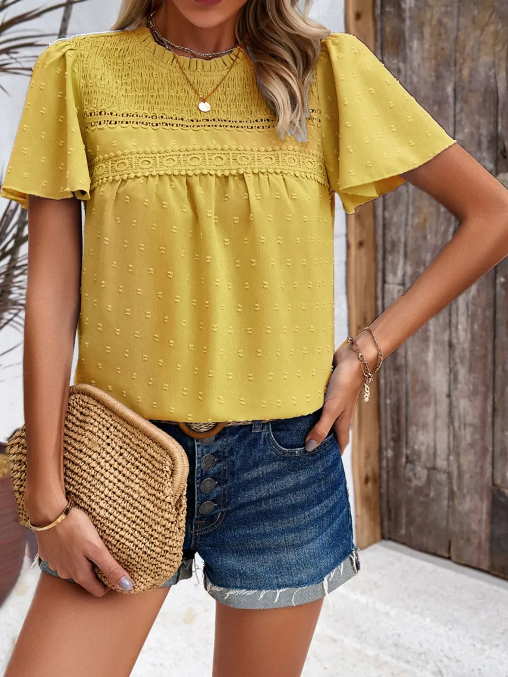 Swiss Dot Smocked Round Neck Short Sleeve Blouse, image 13