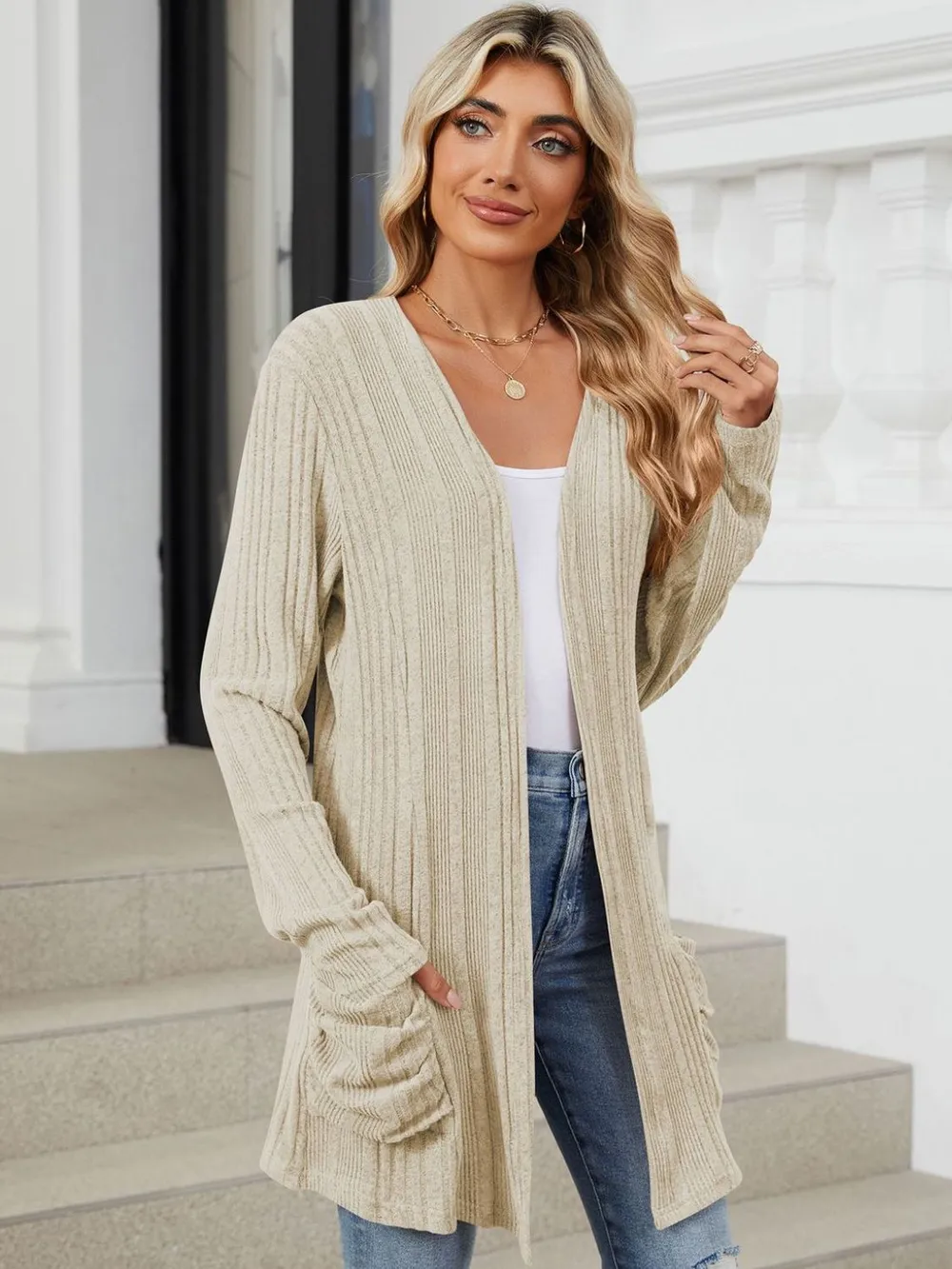 Pocketed Open Front Long Sleeve Cardigan, image 5