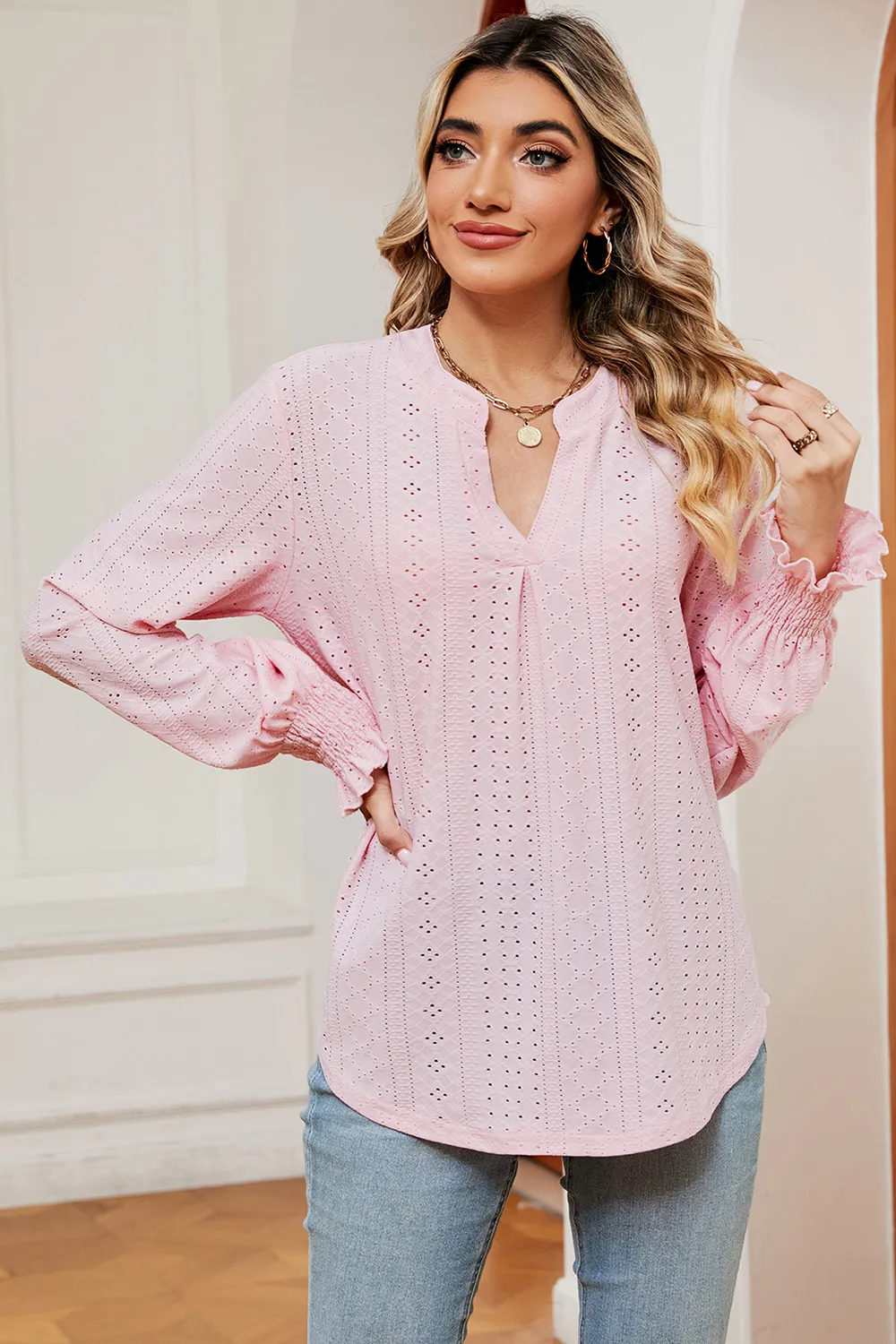 Eyelet Notched Long Sleeve T-Shirt, image 12