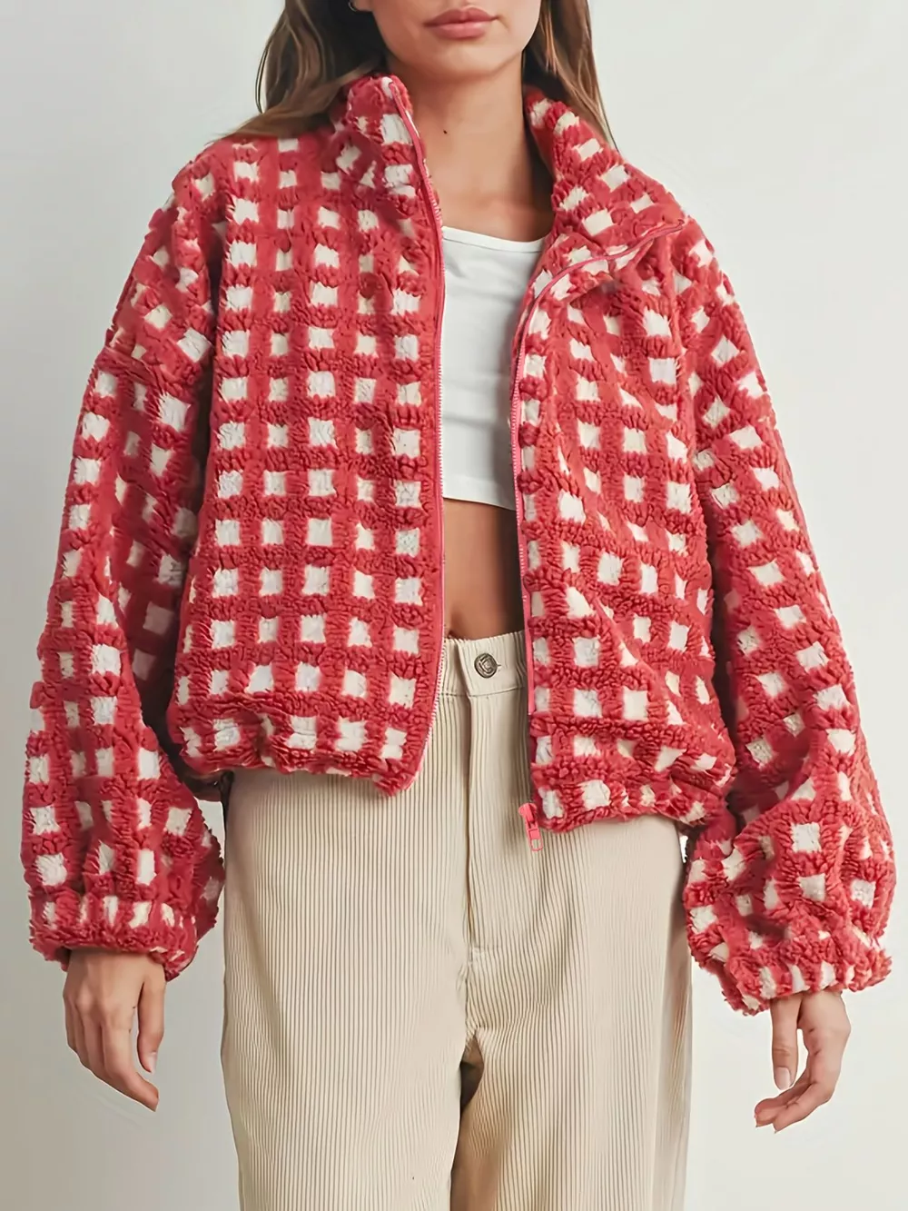 Plaid Zip Up Sherpa Jacket, image 4