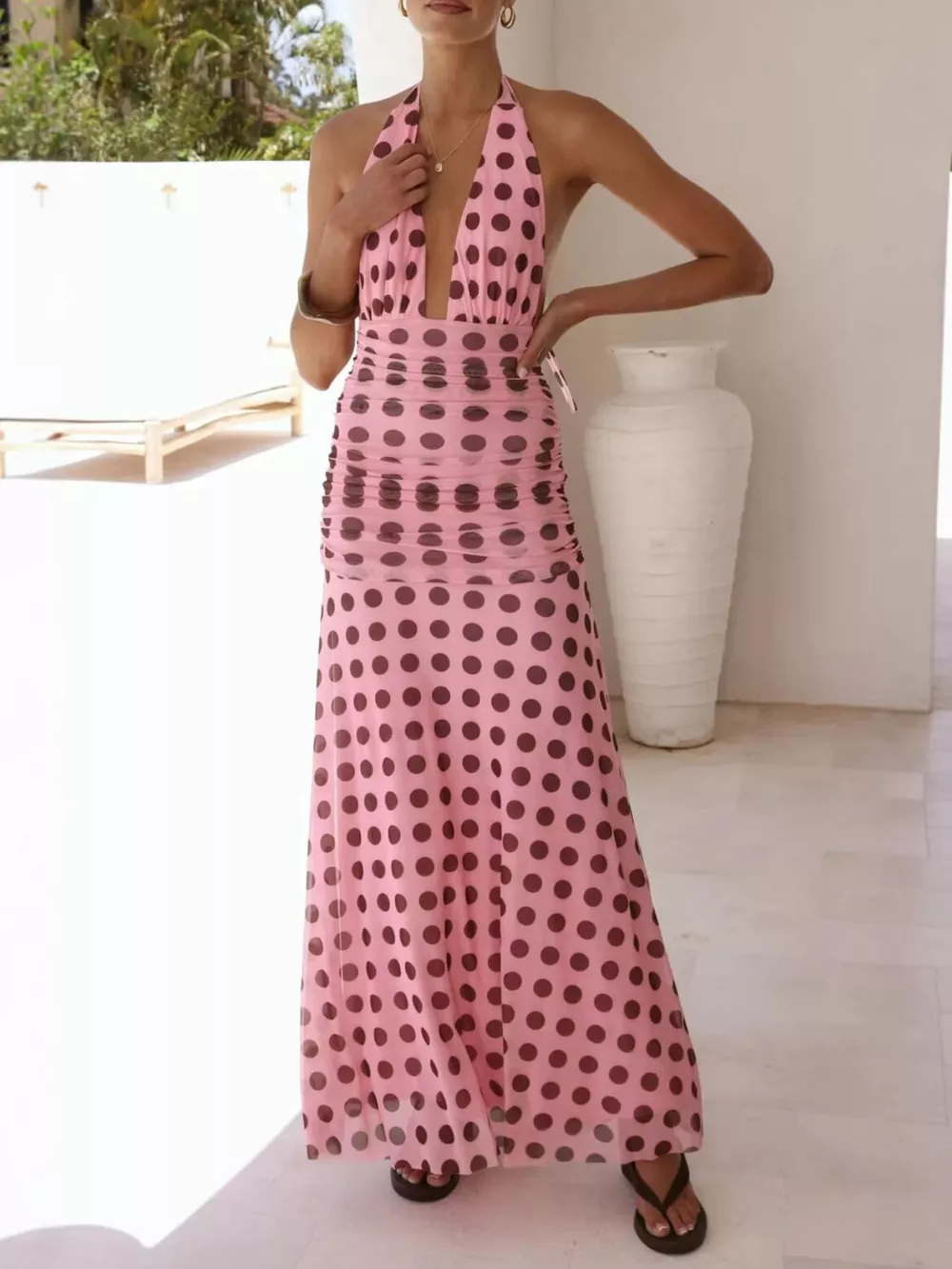 Polka Dot Halter Ruched Maxi Dress, image 14