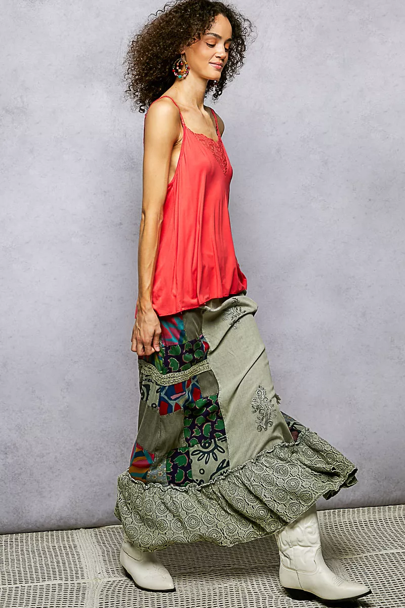 Printed Patchwork Embroidered Ruffled Skirt, image 6
