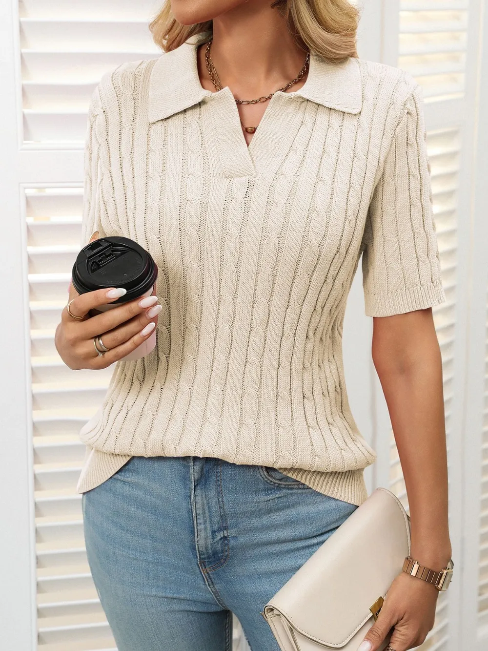 Cable Knit Johnny Collar Half Sleeve Sweater, image 30