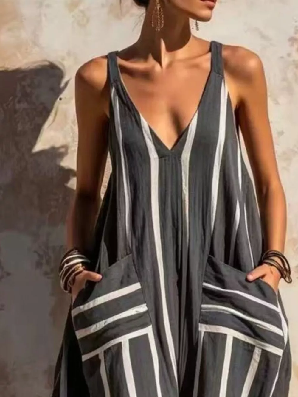 Striped V-Neck Sleeveless Wide-Leg Jumpsuit, image 9