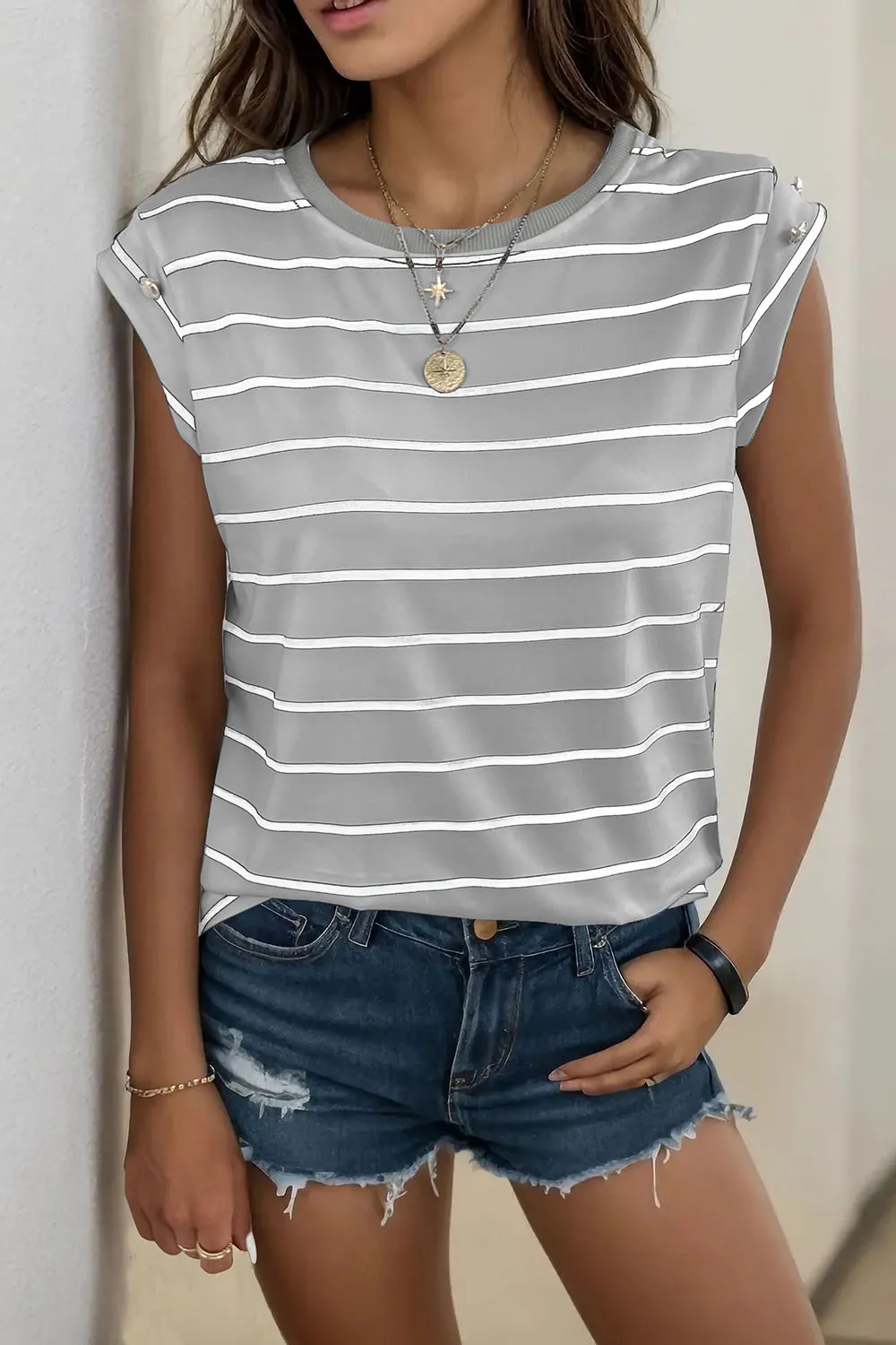 Decorative Button Round Neck T-Shirt, image 35