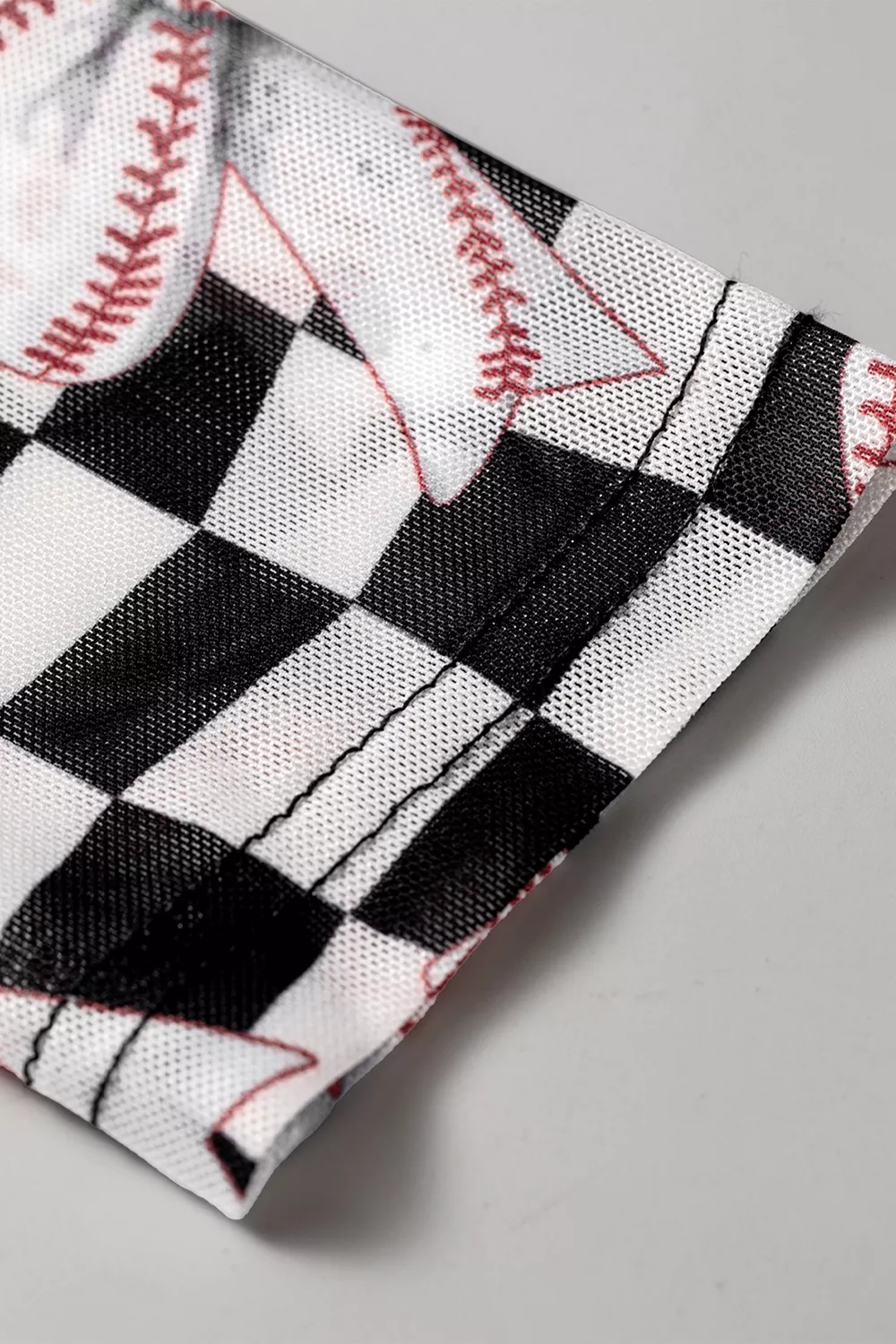 Checkered Baseball Bow Print High Neck Long Sleeve Mesh Top, image 7