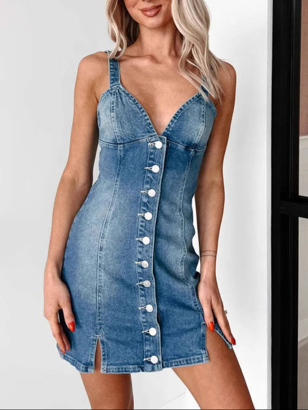 Button Front Sweetheart Neck Denim Mini Dress, image 4