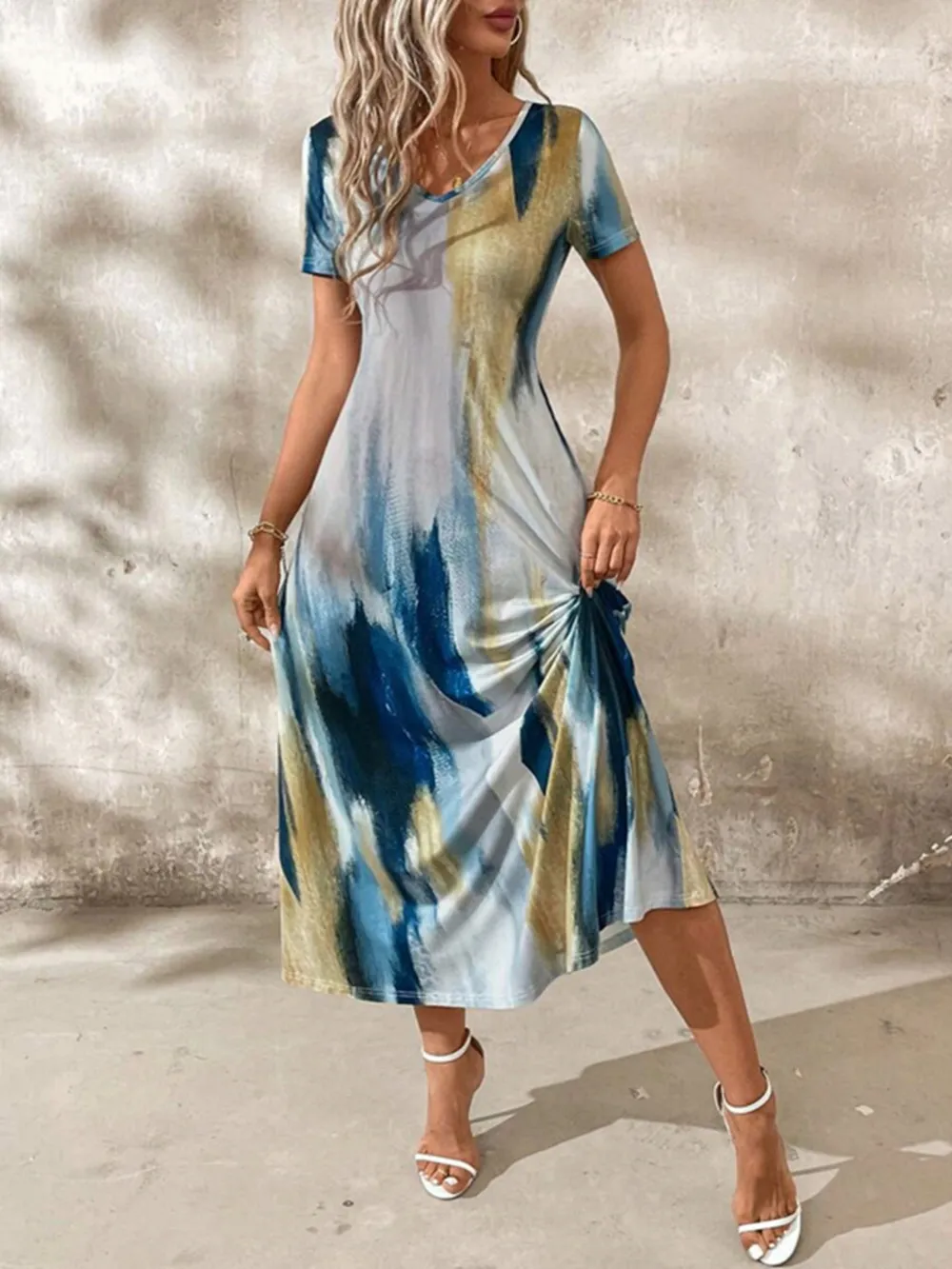 Tie-Dye V-Neck Short Sleeve Midi Tee Dress, image 11
