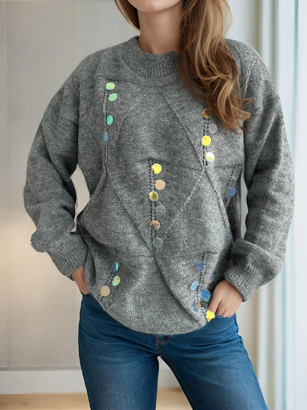 Sequin Mock Neck Long Sleeve Sweater, image 3