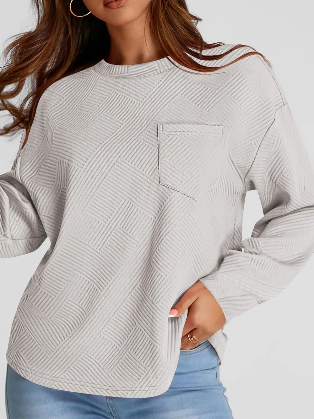 Full Size Texture Round Neck Long Sleeve Sweatshirt, image 11