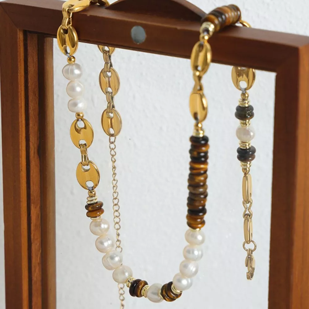 Tiger's Eye Freshwater Pearl 18K Gold-Plated Bead Necklace, image 6