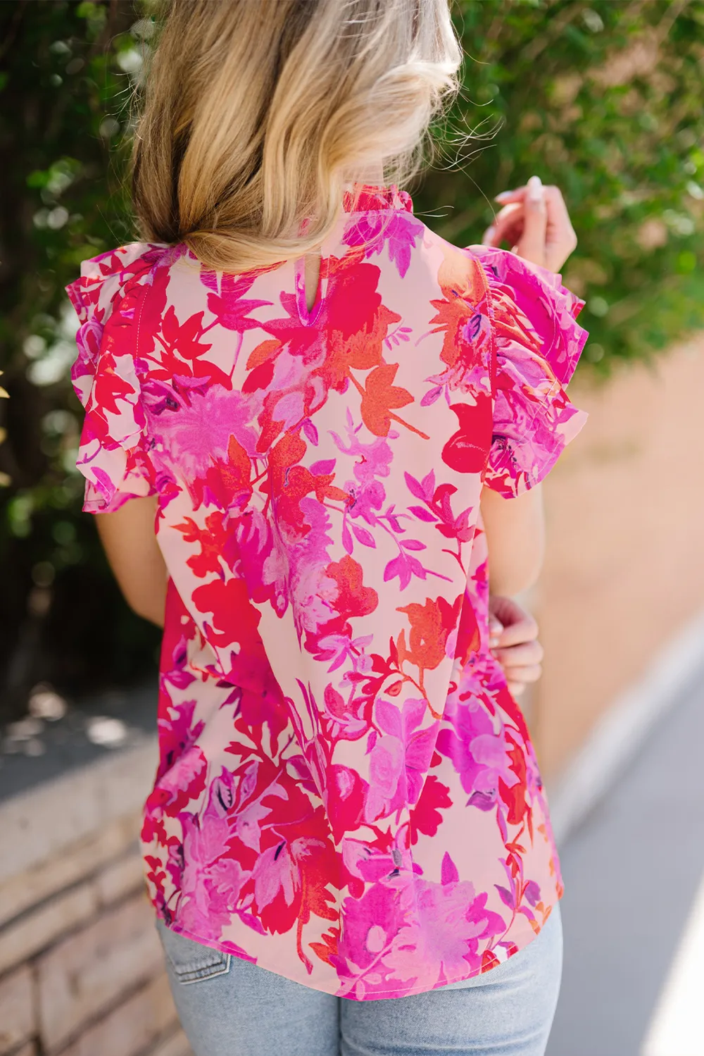 Frill Floral Mock Neck Cap Sleeve Blouse, image 4