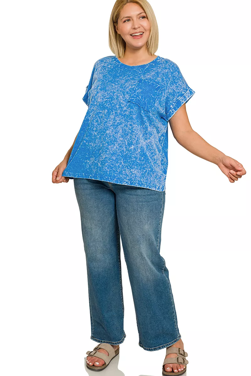 Full Size Crinkle Washed Round Neck Folded Short Sleeve Tee Plus Size, image 3
