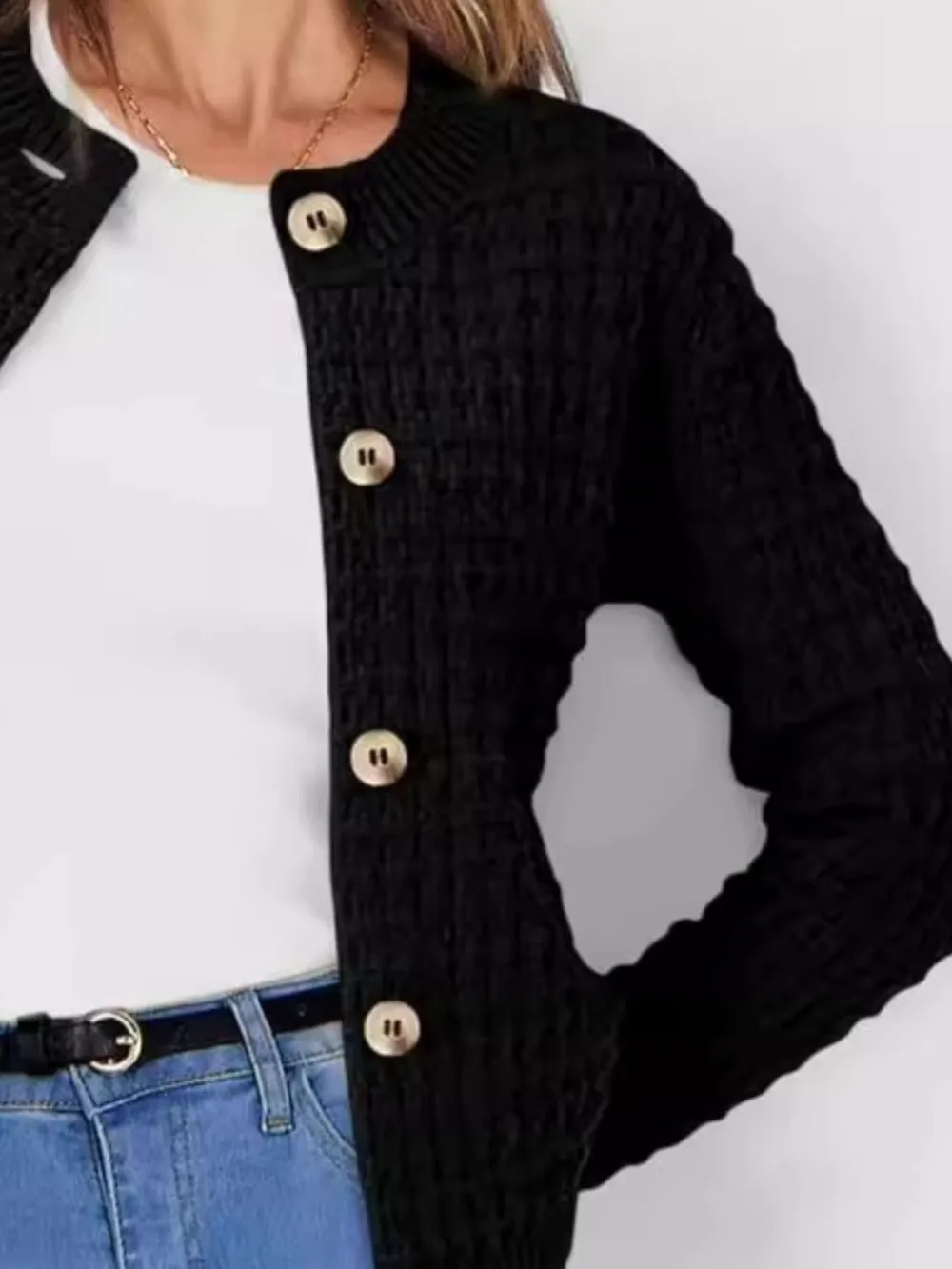 Button Up Round Neck Long Sleeve Cardigan, image 9