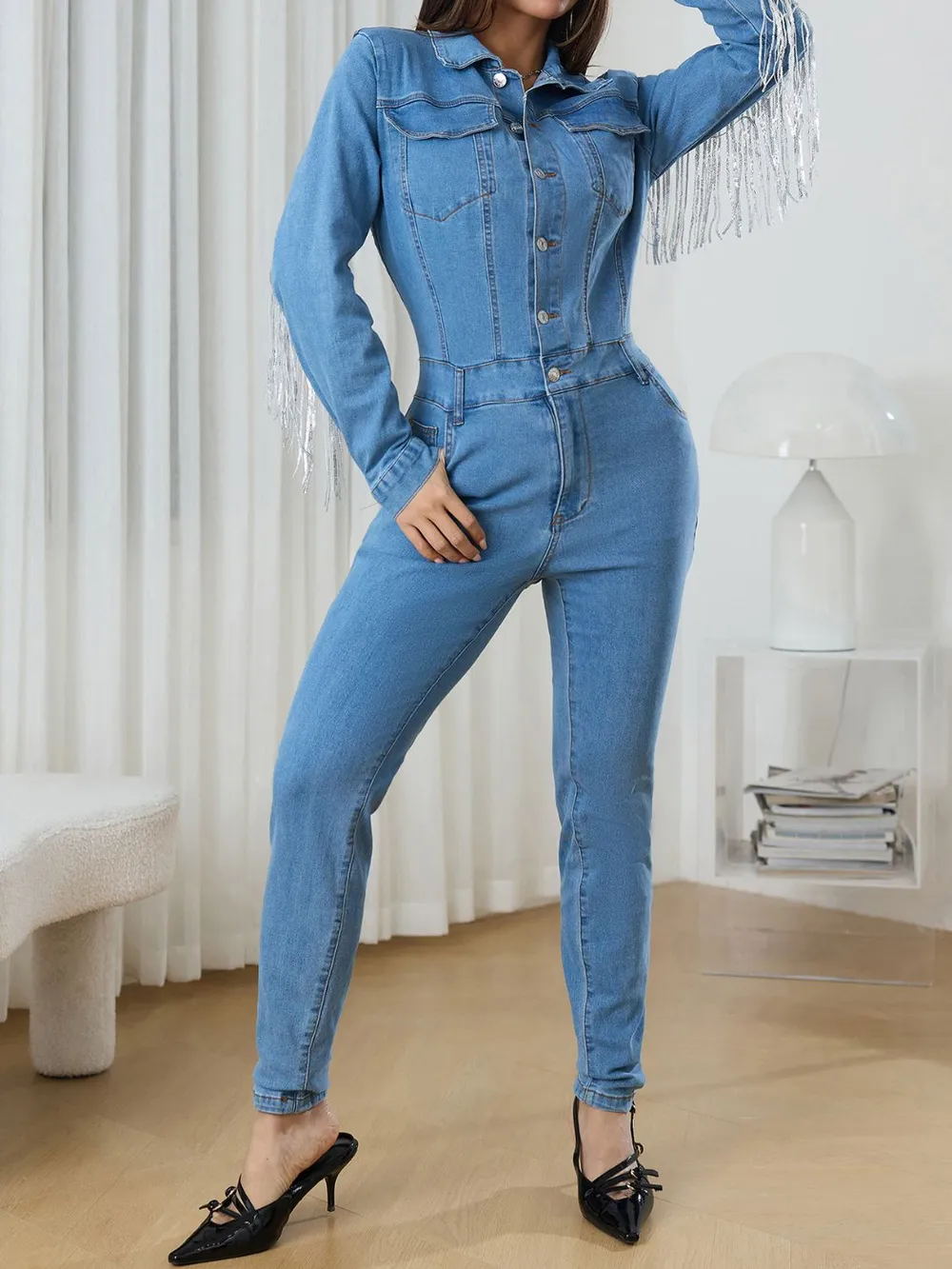 Fringe Half Button Long Sleeve Denim Jumpsuit, image 3