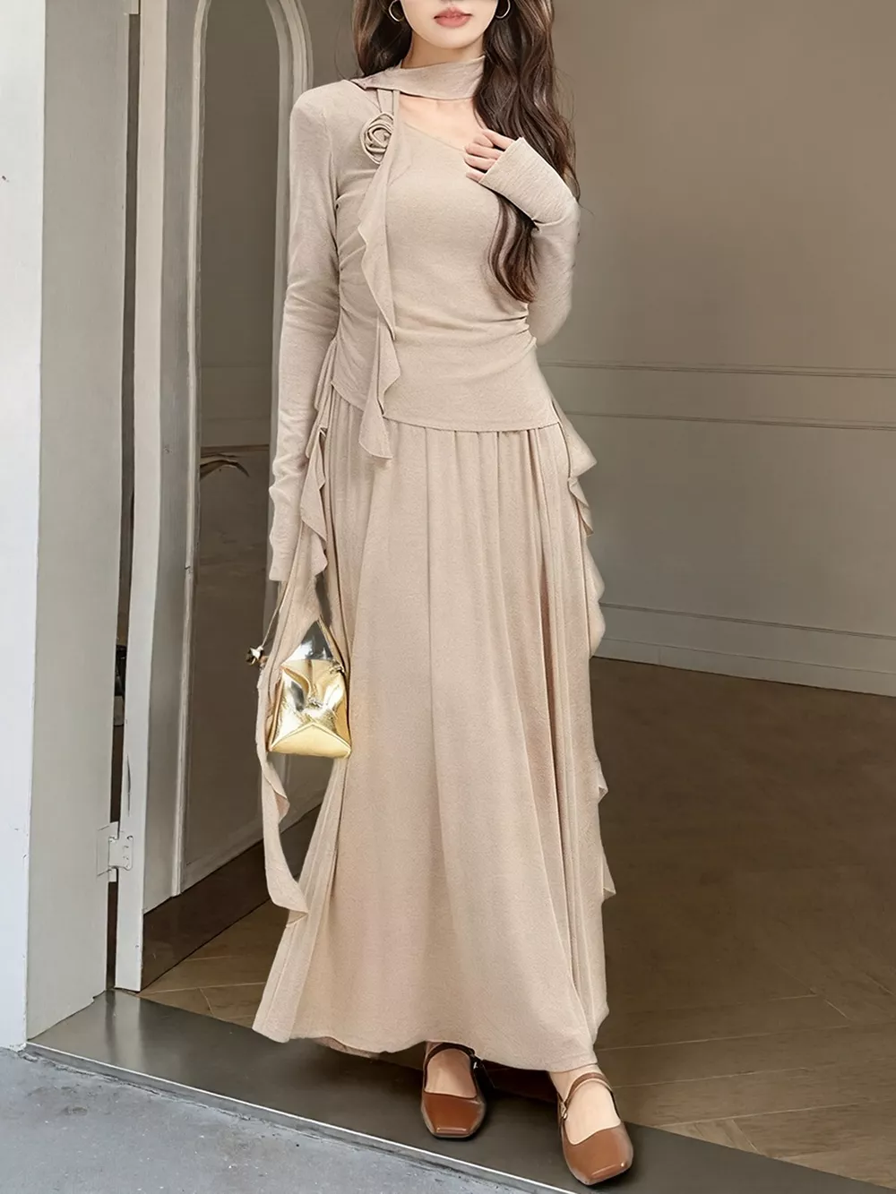 Ruffled Long Sleeve Knit Top and Maxi Skirt Set, image 2
