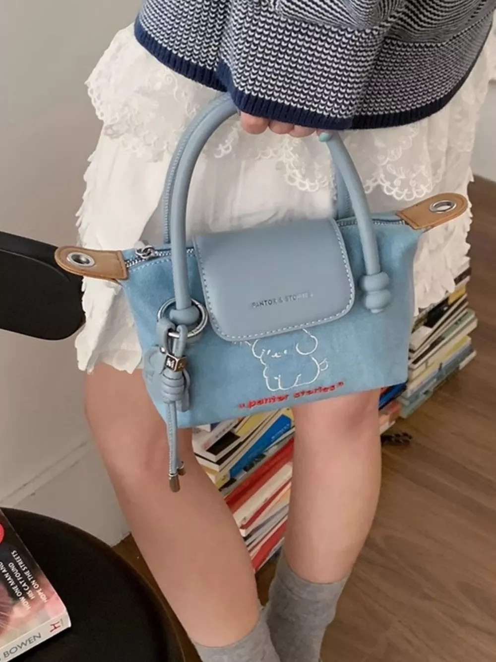 Puppy Embroidered Denim Handbag, image 5