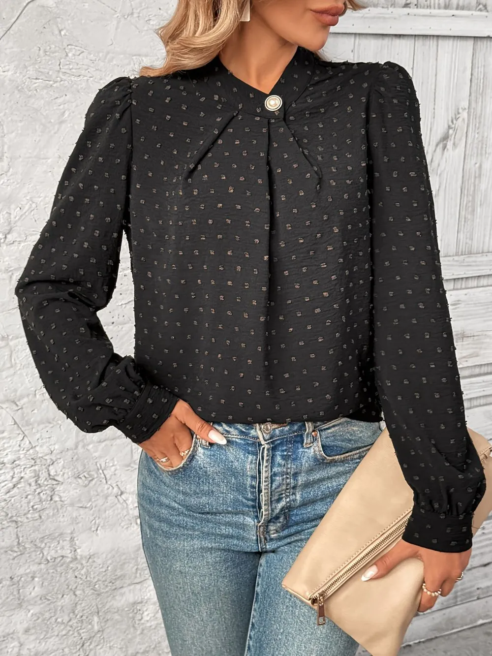 Swiss Dot Mock Neck Long Sleeve Blouse, image 2