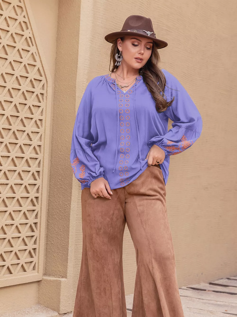 Plus Size Boho Embroidered Long Sleeve Blouse, image 6
