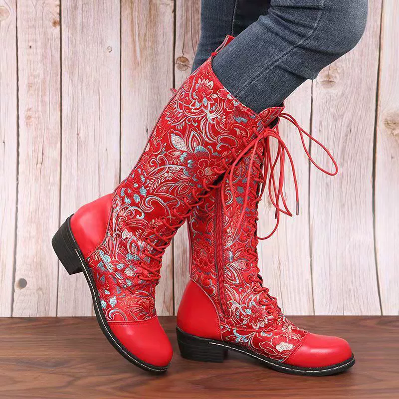 Embroidered Lace-Up Block Heel Boots, image 2