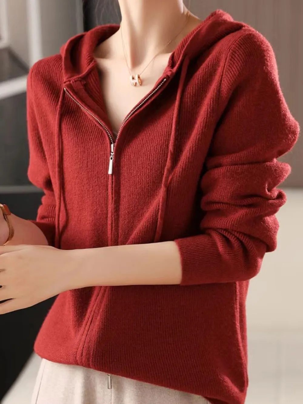 Drawstring Zip Up Long Sleeve Hooded Sweater, image 9