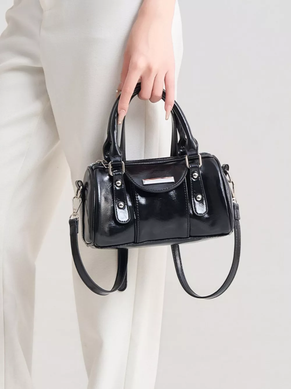 Elegant Patent Leather Mini Boston Crossbody Bag with Top Handle, image 2