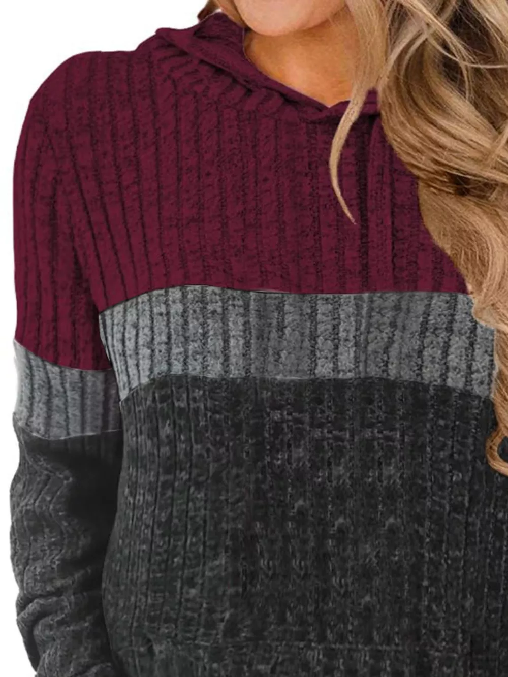 Full Size Color Block Ribbed Knit Hoodie Plus Size, image 12