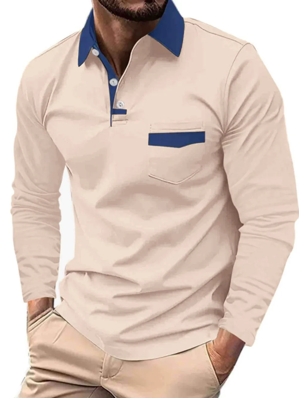 Men's Full Size Button Detail Long Sleeve Polo Plus Size, image 3