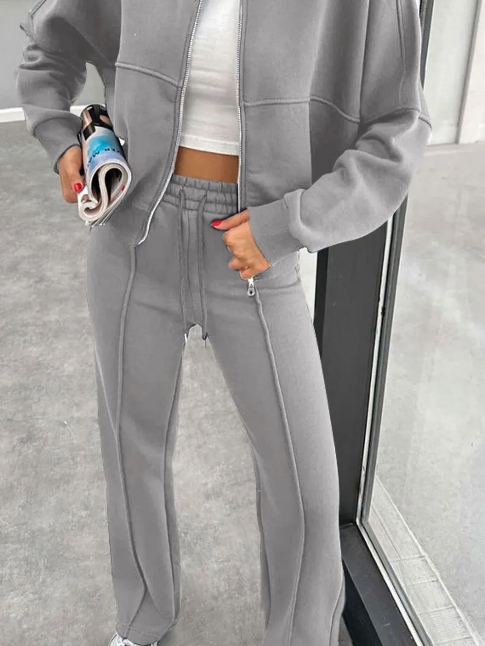 Baseball Collar Zip Up Outerwear and Drawstring Pants Set, image 29