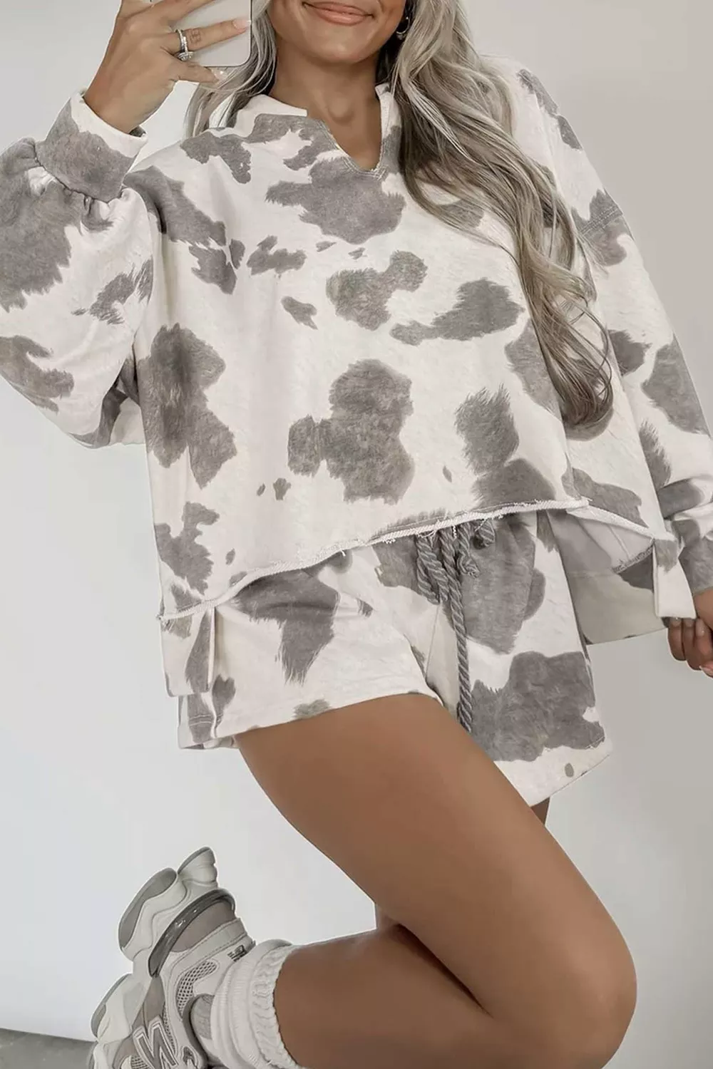 Cow Print Top and Drawstring Shorts Set, image 3