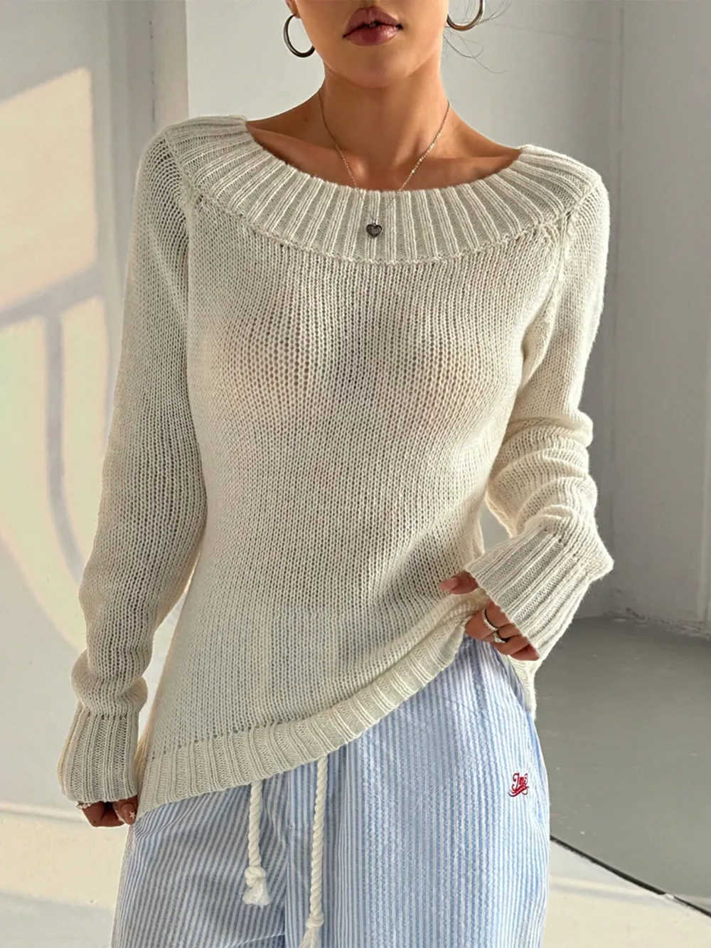 Ribbed Knit Boat Neck Sweater, image 2