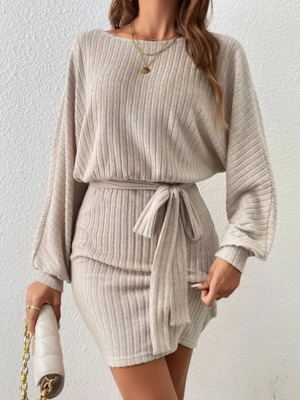 Round Neck Tie Waist Long Sleeve Mini Dress, image 5