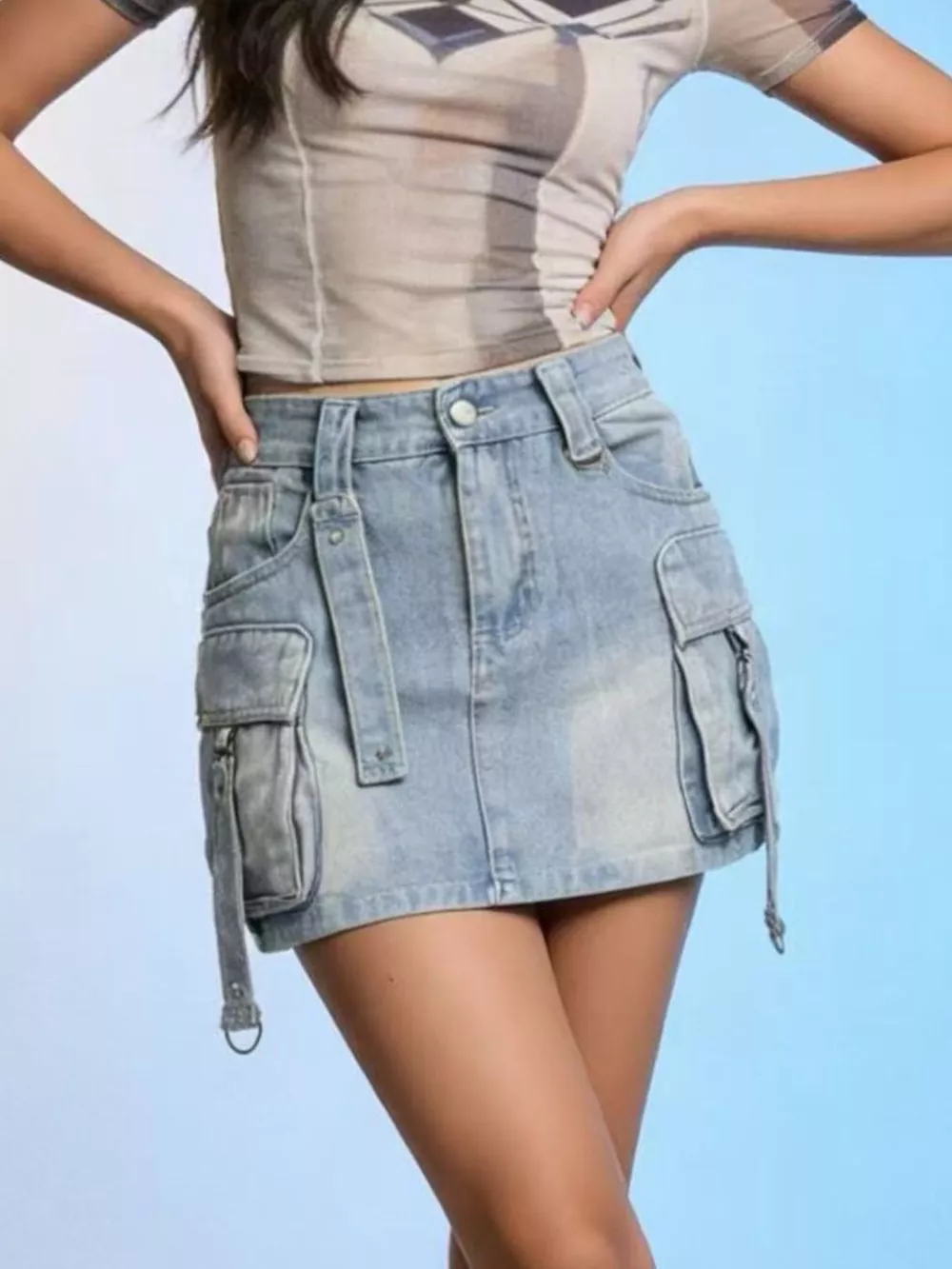 Washed Cargo Denim Skirt, image 3