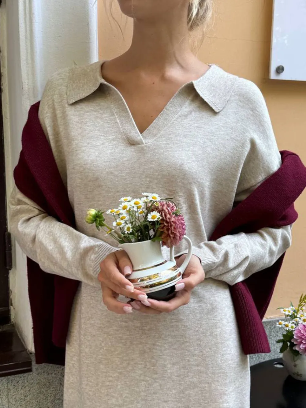 Long Sleeve Collared Neck Knit Dress, image 14