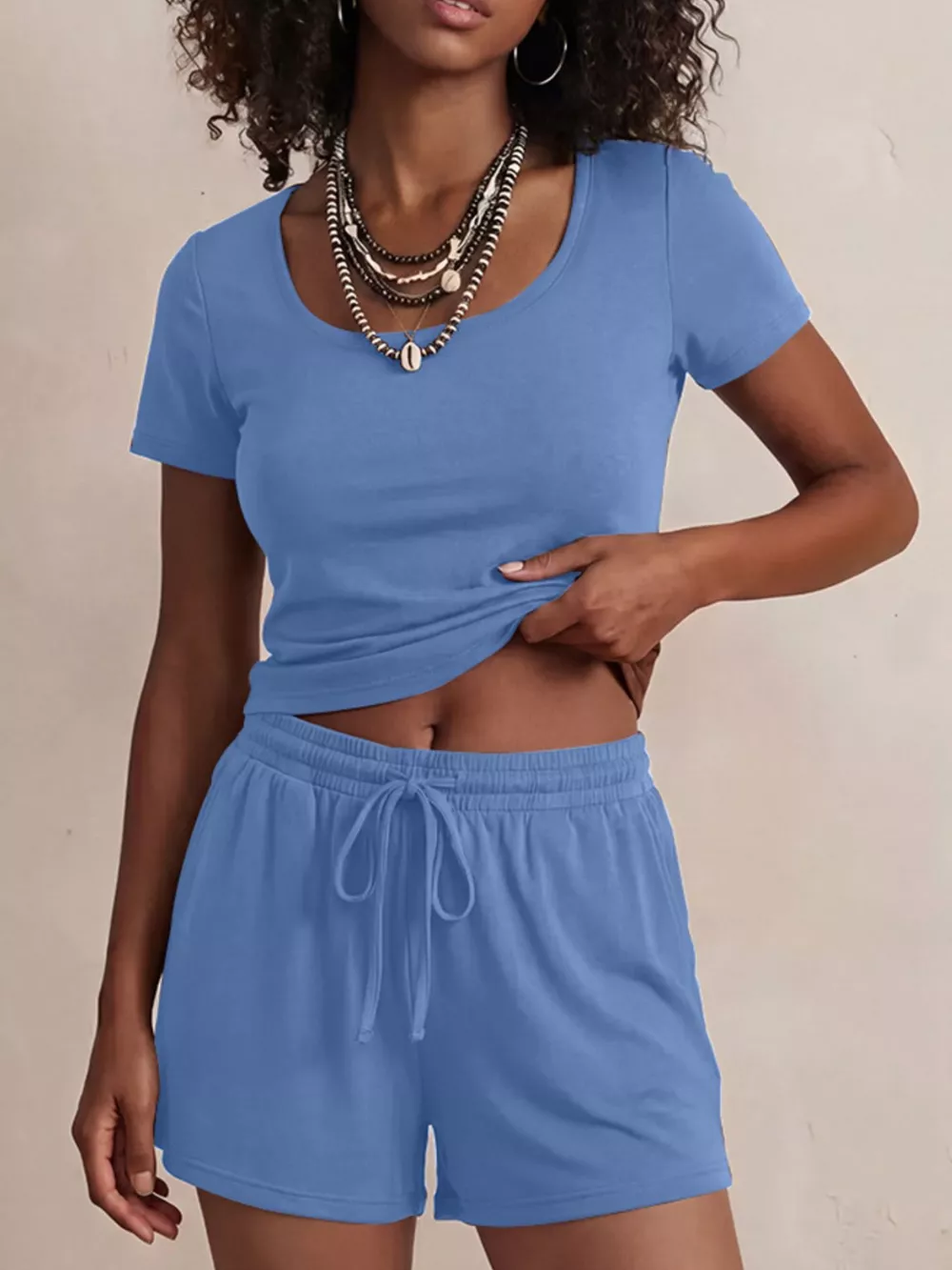 Solid Color Short Sleeve Tee and Shorts Set, image 23
