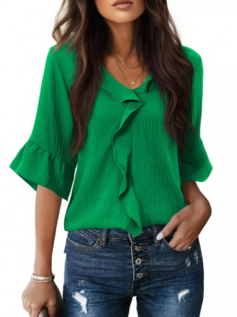 Ruffle Trim V-Neck Blouse, image 8