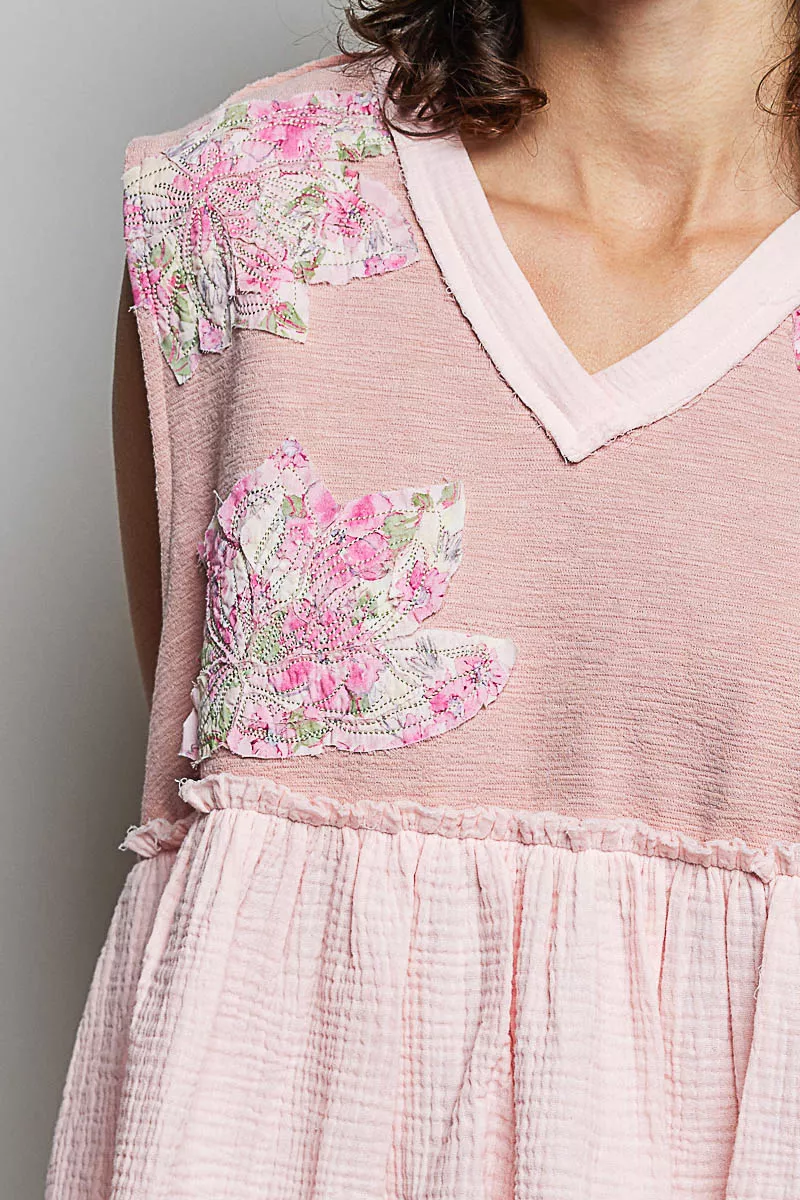 Floral Patch Ruffled Sleeveless Top with Raw Edge Detail, image 6
