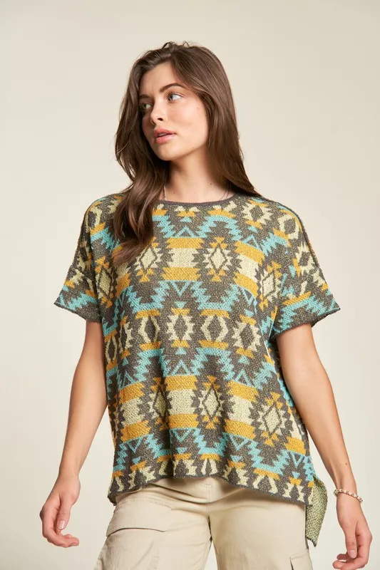 High-Low Geometric Round Neck Knit Top, image 5