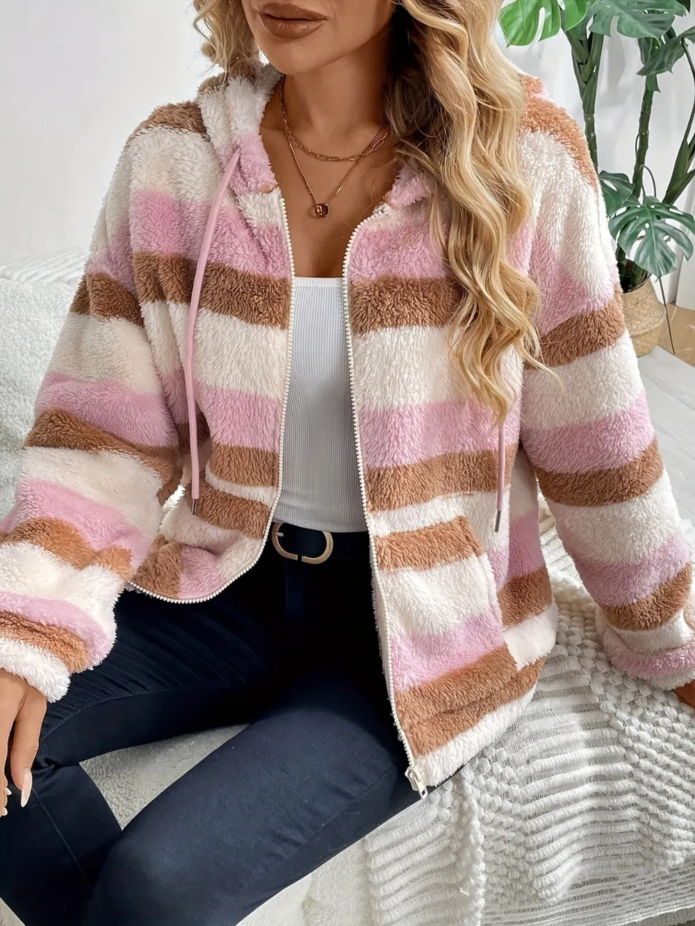 Drawstring Striped Zip Up Hooded Jacket, image 3