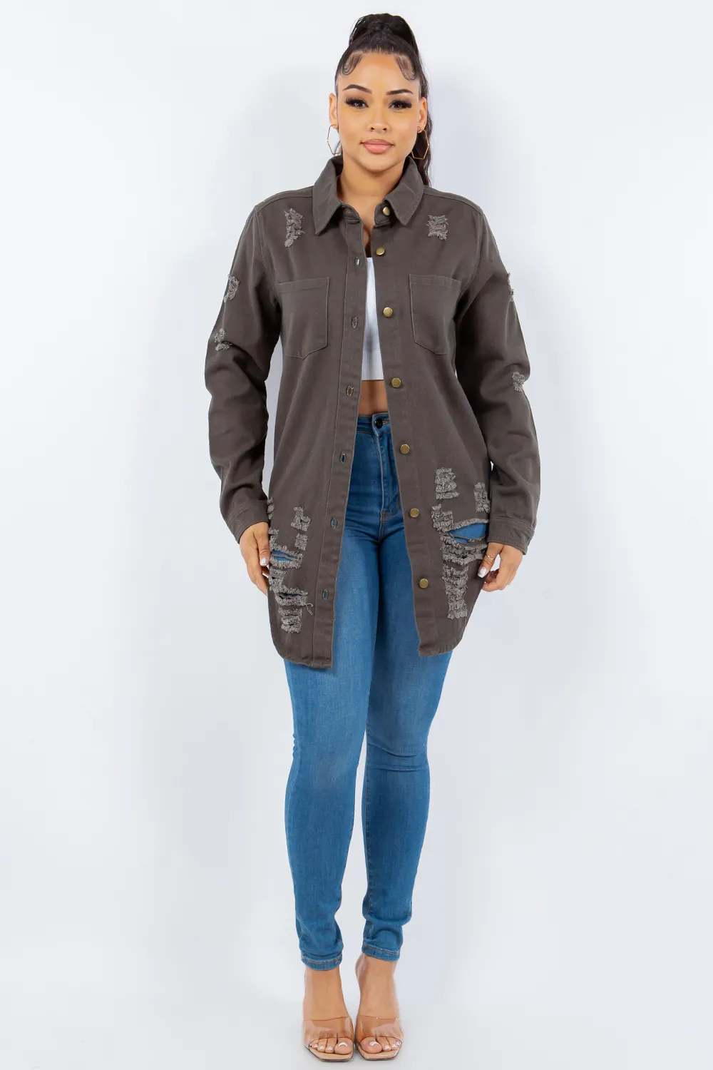 Distressed Button Up Long Sleeve Denim Jacket, image 4