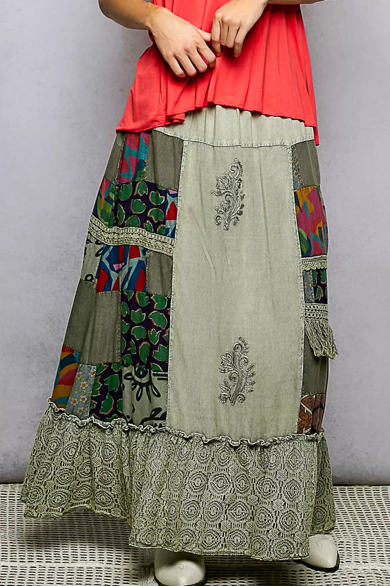 Printed Patchwork Embroidered Ruffled Skirt