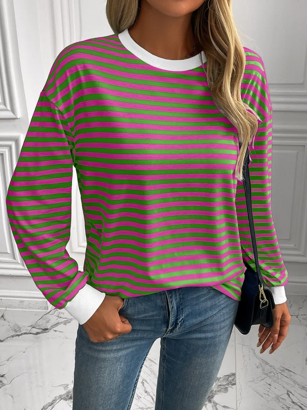 Striped Round Neck Long Sleeve Sweatshirt, image 25