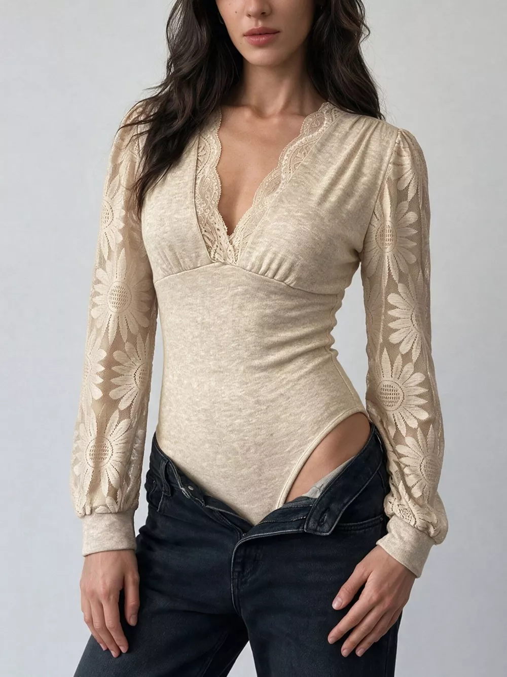 V-Neck Lace Trim Floral Mesh Sleeve Bodysuit, image 3