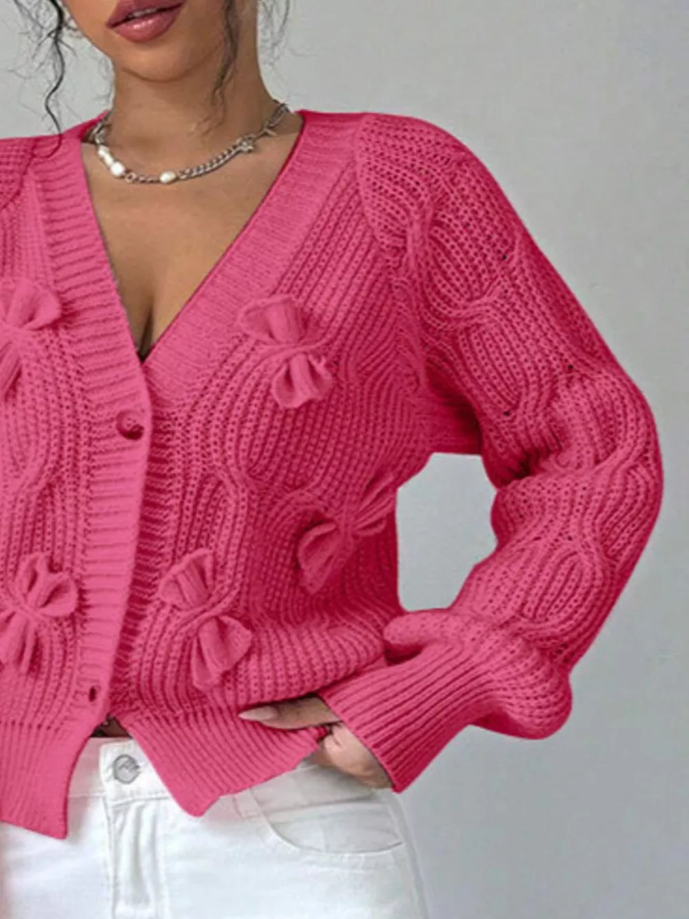 Bow Cable Knit V-Neck Cardigan, image 8